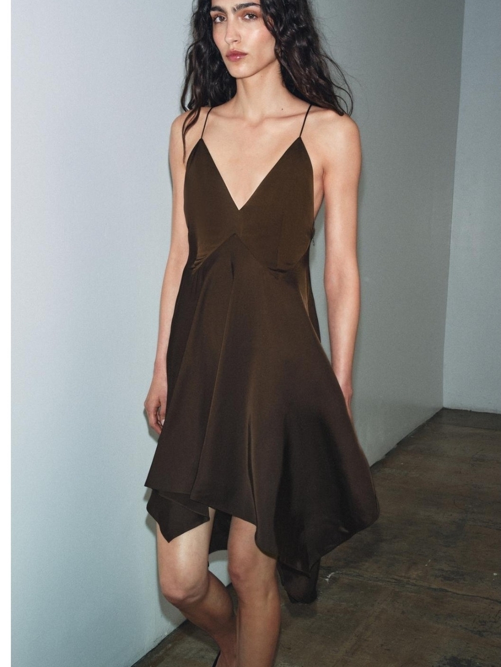 Zara Chocolate Brown Asymmetrical Slip Dress